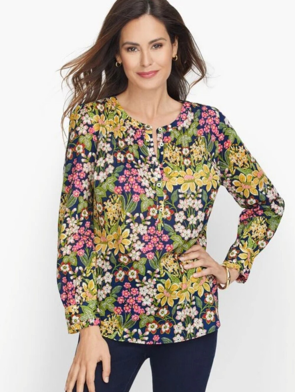Talbots Lightweight Feminine Floral Pintuck Popover Top